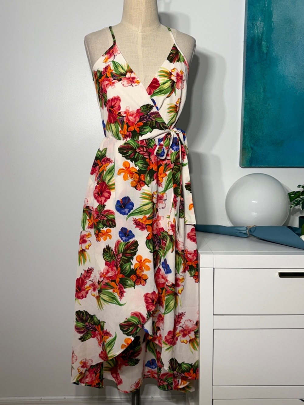 Floral Wrap Midi Dress in White with Multi-Color Bloom